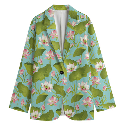 Pink Lotus Pattern Print Women's Cotton Blazer