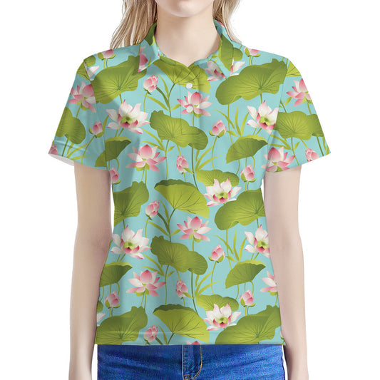 Pink Lotus Pattern Print Women's Polo Shirt