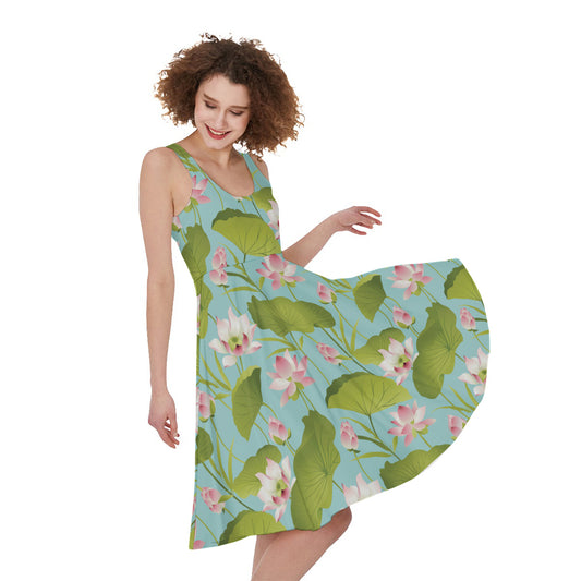 Pink Lotus Pattern Print Women's Sleeveless Dress