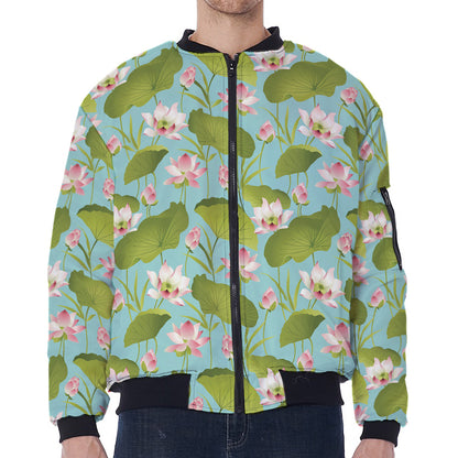 Pink Lotus Pattern Print Zip Sleeve Bomber Jacket