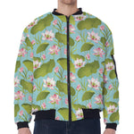 Pink Lotus Pattern Print Zip Sleeve Bomber Jacket
