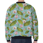Pink Lotus Pattern Print Zip Sleeve Bomber Jacket