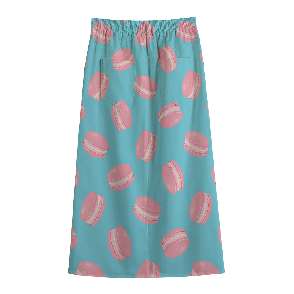Pink Macaron Pattern Print Cotton Front Slit Maxi Skirt