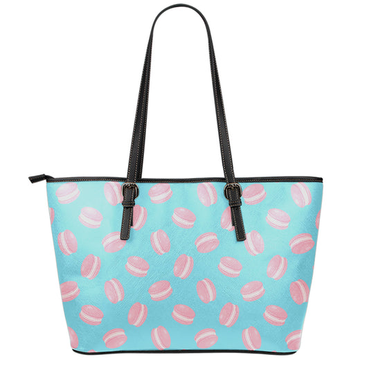 Pink Macaron Pattern Print Leather Tote Bag