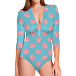 Pink Macaron Pattern Print Long Sleeve Swimsuit