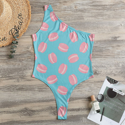 Pink Macaron Pattern Print One Shoulder Bodysuit