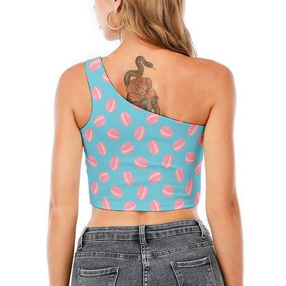 Pink Macaron Pattern Print One Shoulder Crop Top