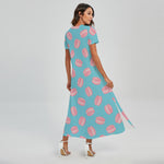 Pink Macaron Pattern Print Short Sleeve Maxi Dress