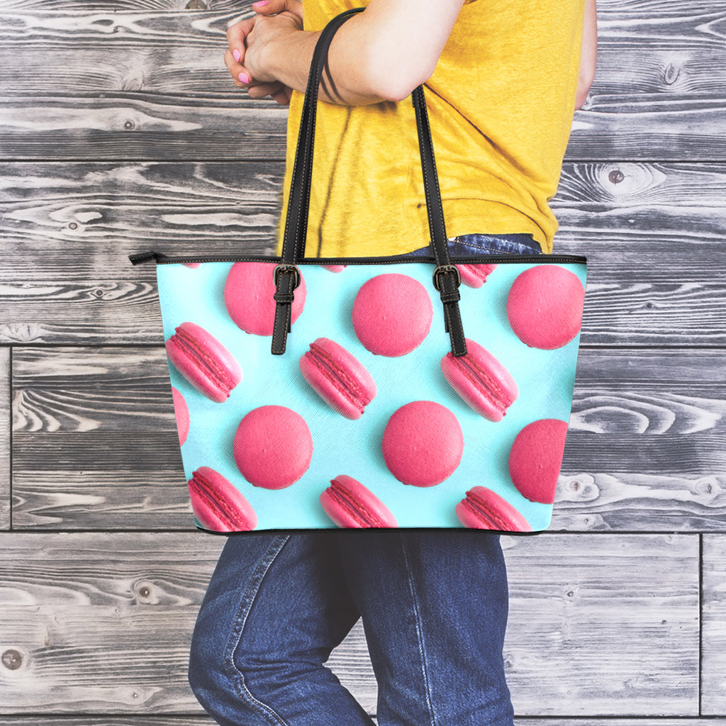 Pink Macarons Print Leather Tote Bag