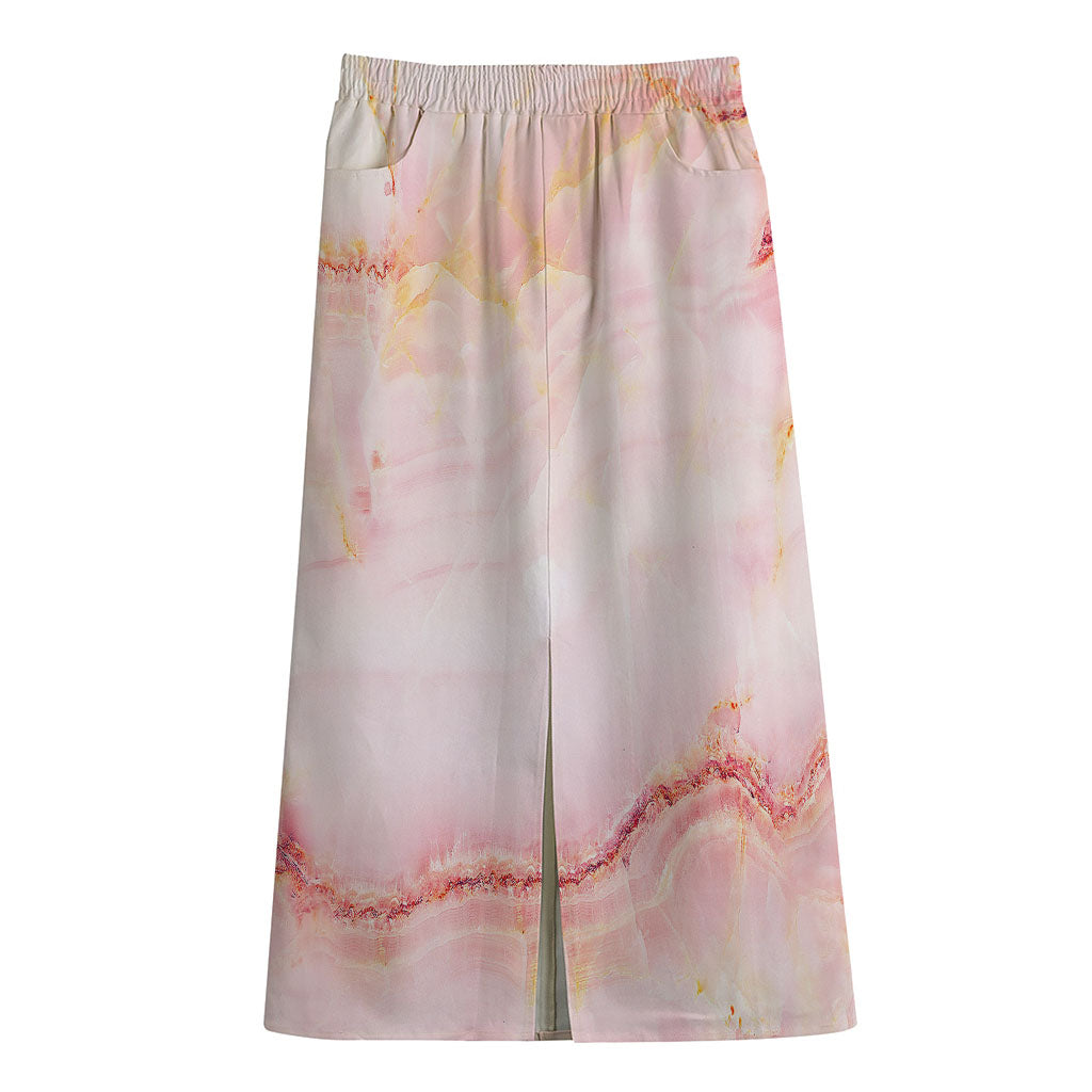 Pink Marble Print Cotton Front Slit Maxi Skirt