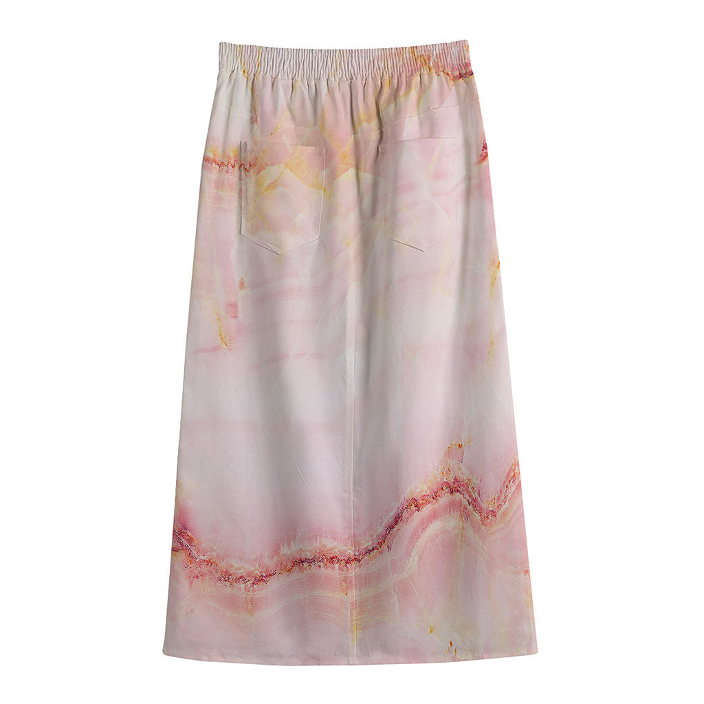 Pink Marble Print Cotton Front Slit Maxi Skirt