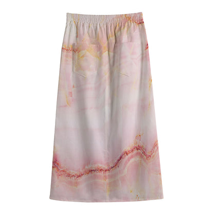 Pink Marble Print Cotton Front Slit Maxi Skirt