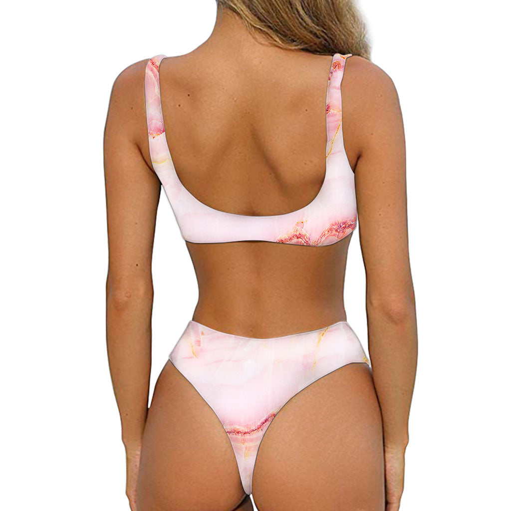 Pink Marble Print Front Bow Tie Bikini