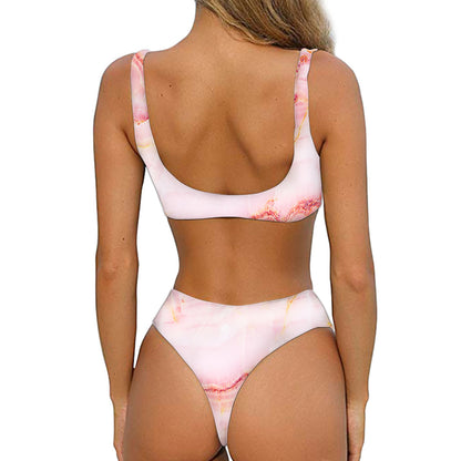 Pink Marble Print Front Bow Tie Bikini
