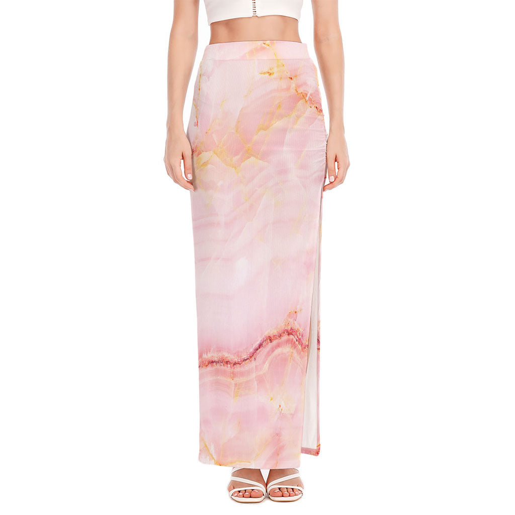 Pink Marble Print High Slit Maxi Skirt