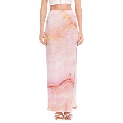 Pink Marble Print High Slit Maxi Skirt