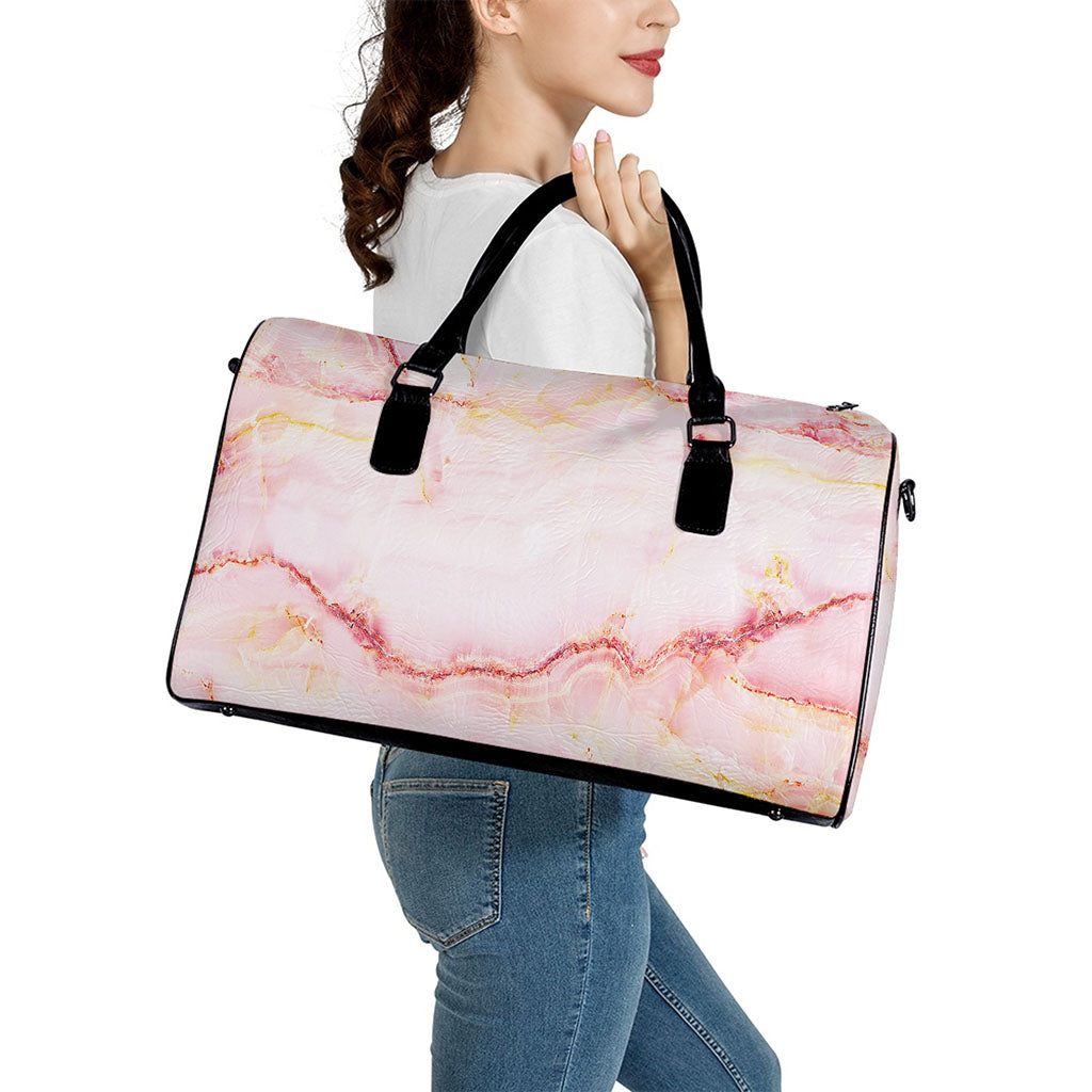 Pink Marble Print Leather Duffle Bag