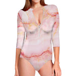 Pink Marble Print Long Sleeve Swimsuit