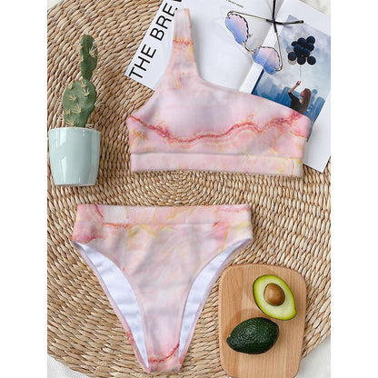 Pink Marble Print One Shoulder Bikini Top