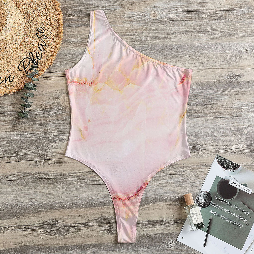 Pink Marble Print One Shoulder Bodysuit