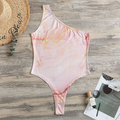 Pink Marble Print One Shoulder Bodysuit