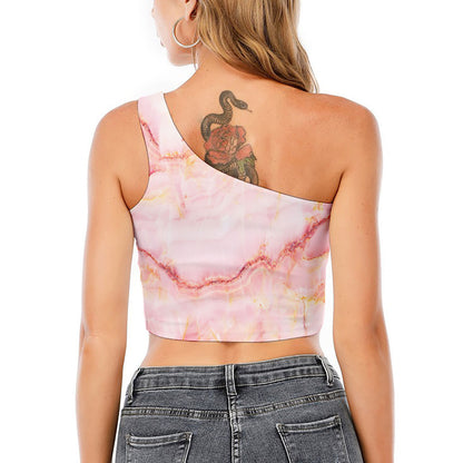 Pink Marble Print One Shoulder Crop Top
