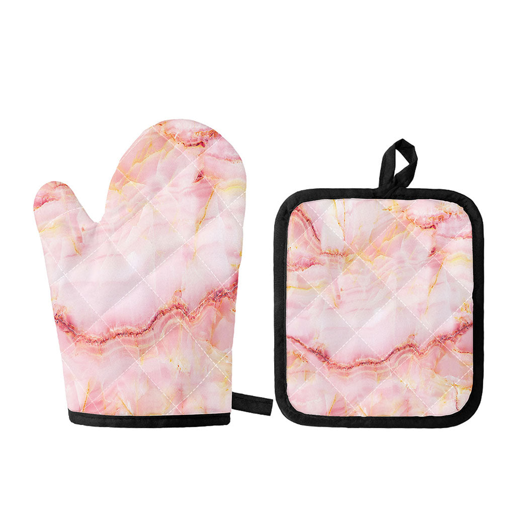 Pink Marble Print Oven Mitt And Pot Holder Set
