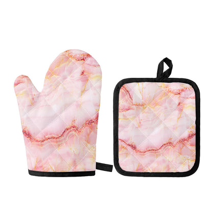 Pink Marble Print Oven Mitt And Pot Holder Set