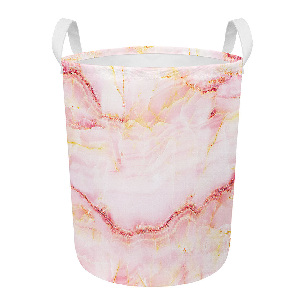 Pink Marble Print Round Laundry Basket
