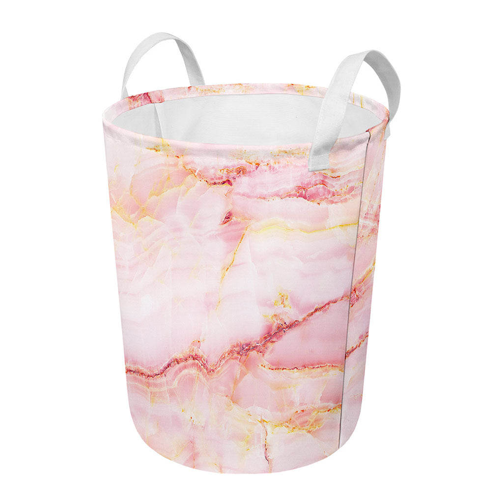 Pink Marble Print Round Laundry Basket