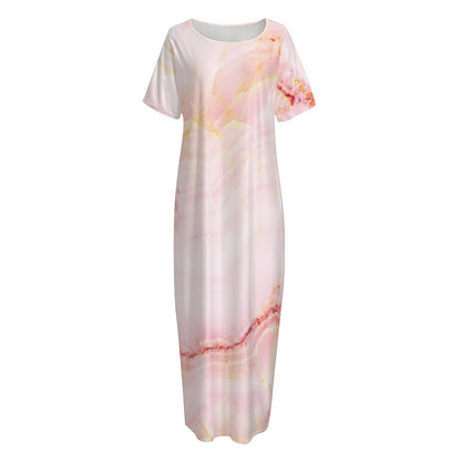Pink Marble Print Short Sleeve Long Nightdress