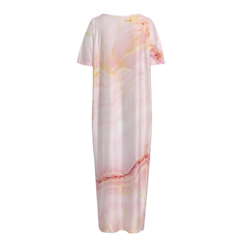Pink Marble Print Short Sleeve Long Nightdress