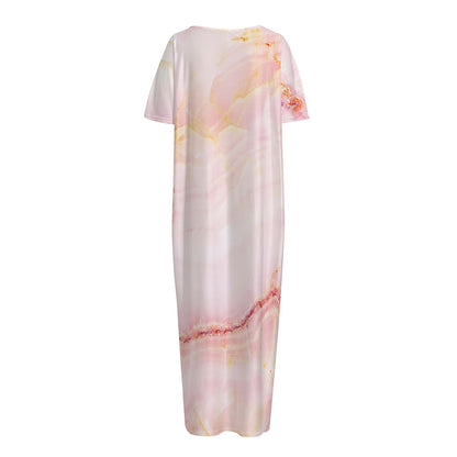 Pink Marble Print Short Sleeve Long Nightdress