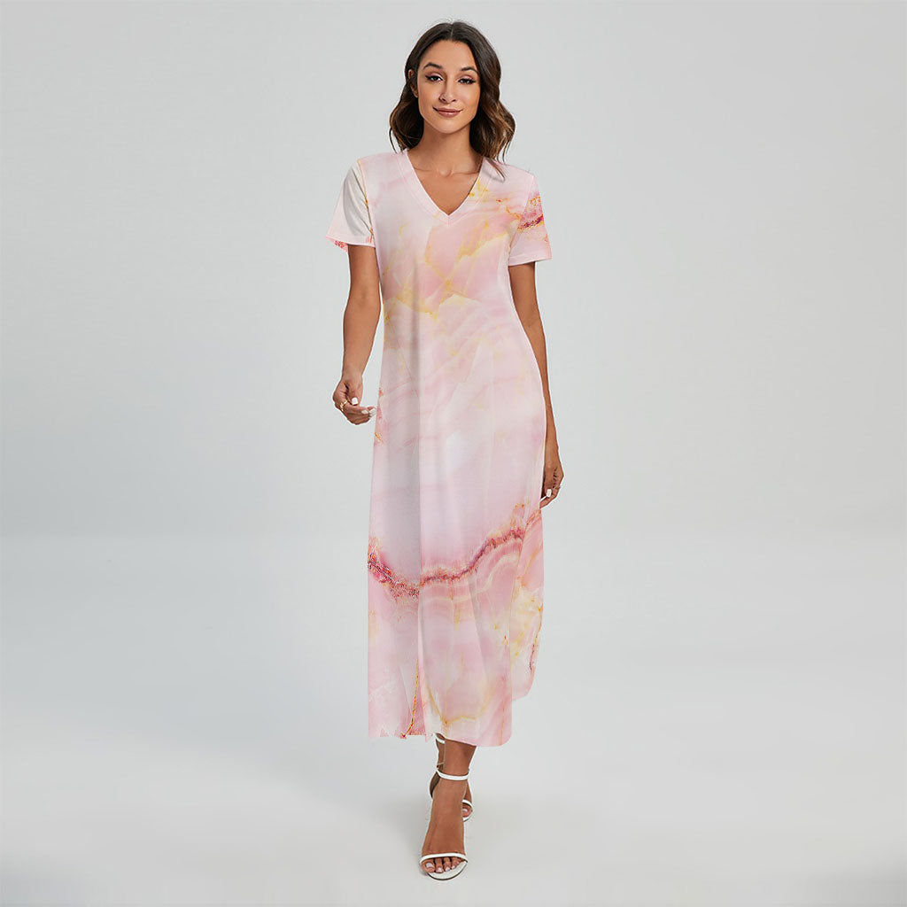 Pink Marble Print Short Sleeve Maxi Dress