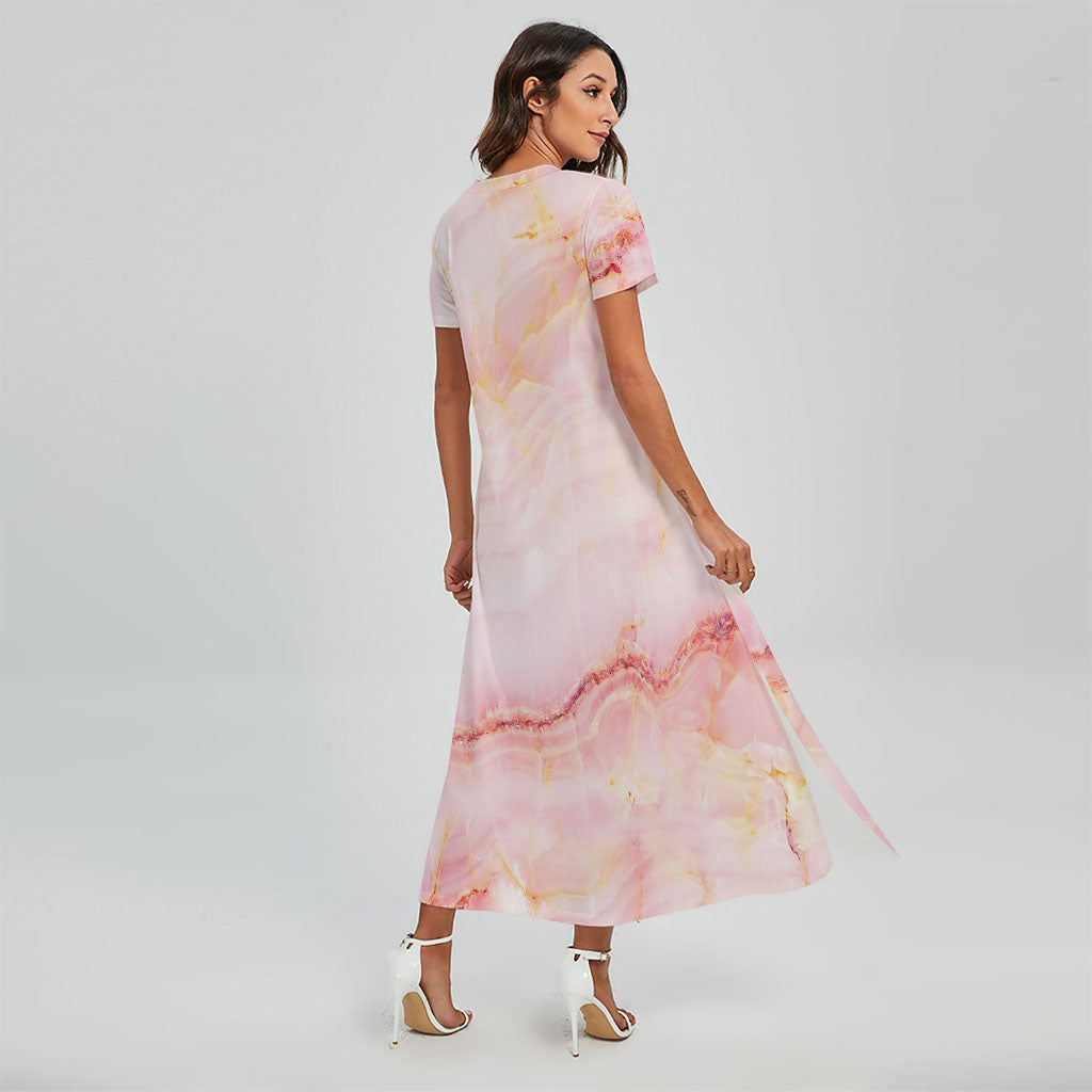 Pink Marble Print Short Sleeve Maxi Dress