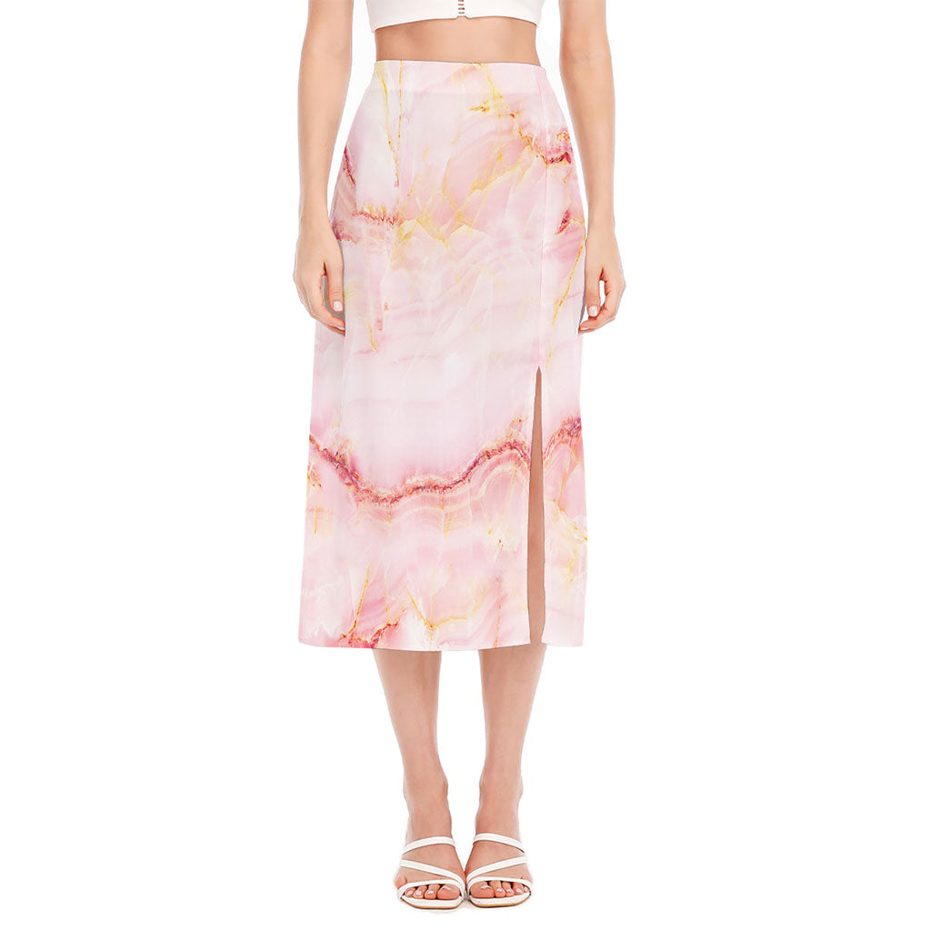 Pink Marble Print Side Slit Midi Skirt