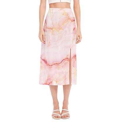 Pink Marble Print Side Slit Midi Skirt