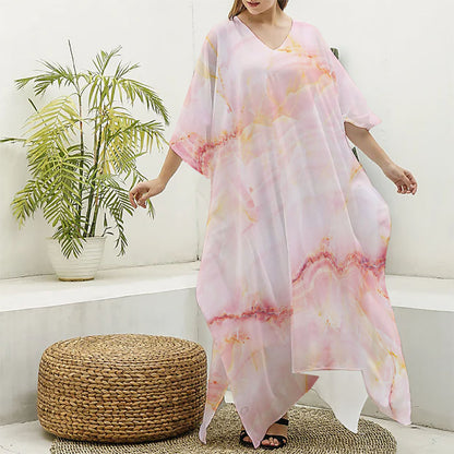 Pink Marble Print Silk V-Neck Kaftan Dress