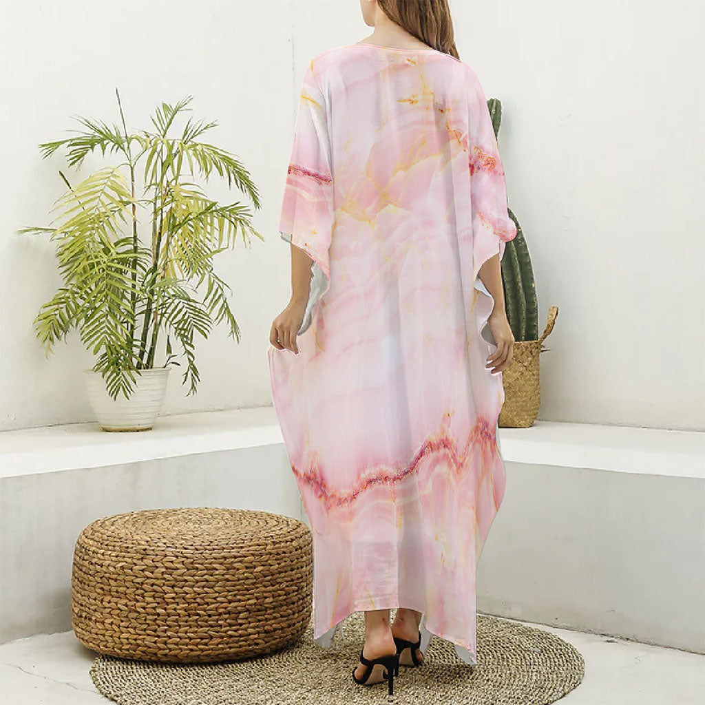 Pink Marble Print Silk V-Neck Kaftan Dress