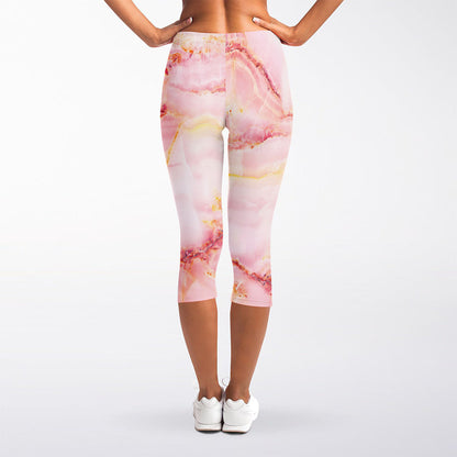 Pink Marble Print Women's Capri Leggings