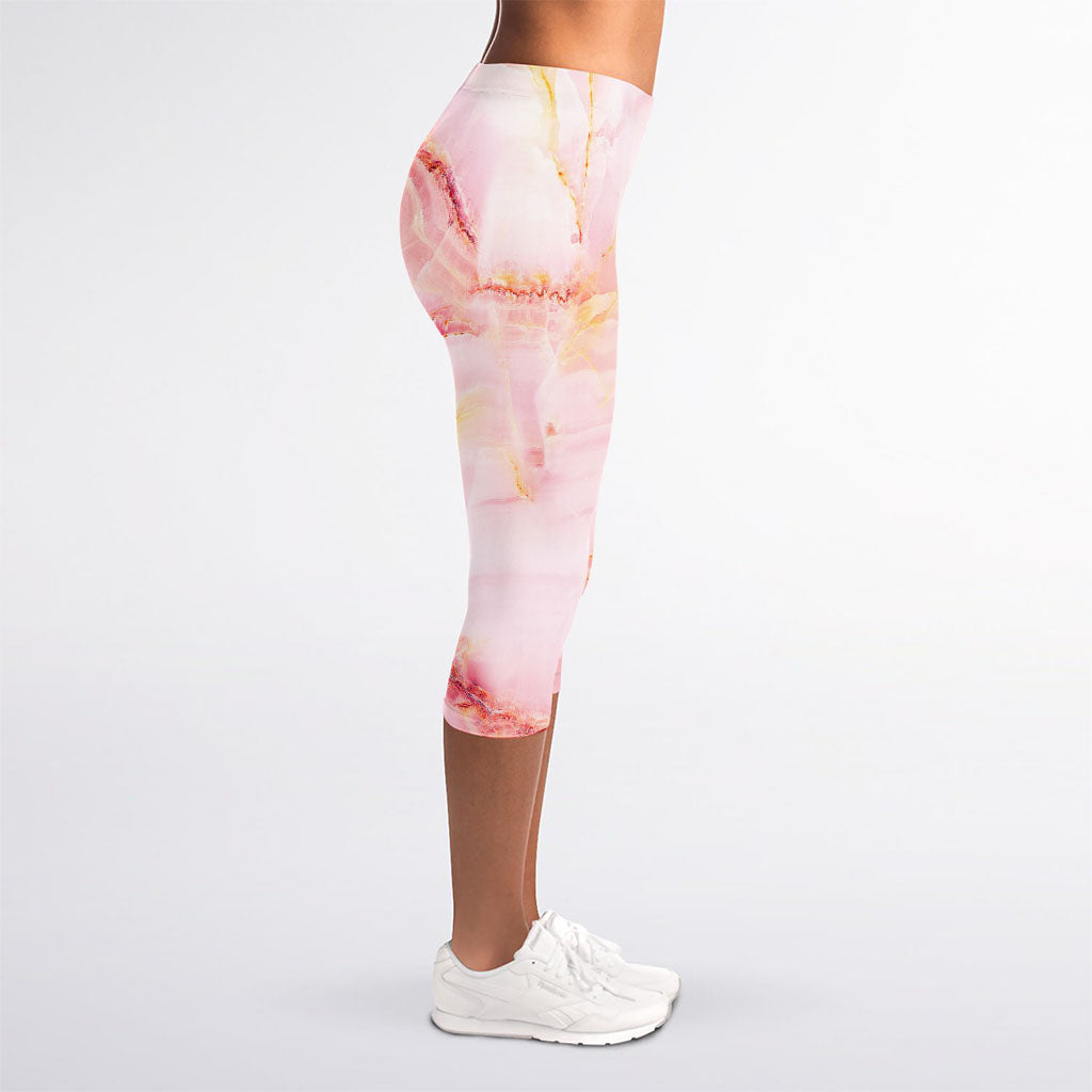 Pink Marble Print Women's Capri Leggings