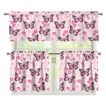 Pink Monarch Butterfly Pattern Print 3 Piece Kitchen Curtains