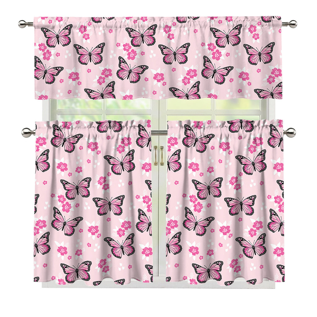 Pink Monarch Butterfly Pattern Print 3 Piece Kitchen Curtains