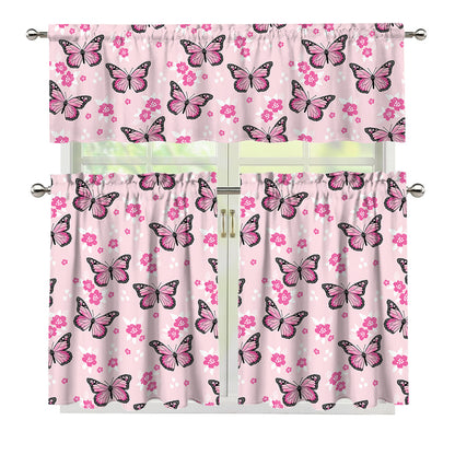Pink Monarch Butterfly Pattern Print 3 Piece Kitchen Curtains