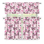 Pink Monarch Butterfly Pattern Print 3 Piece Kitchen Curtains