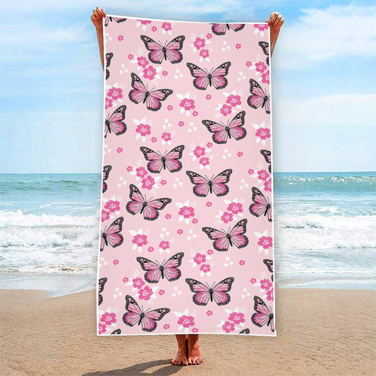Pink Monarch Butterfly Pattern Print Beach Towel