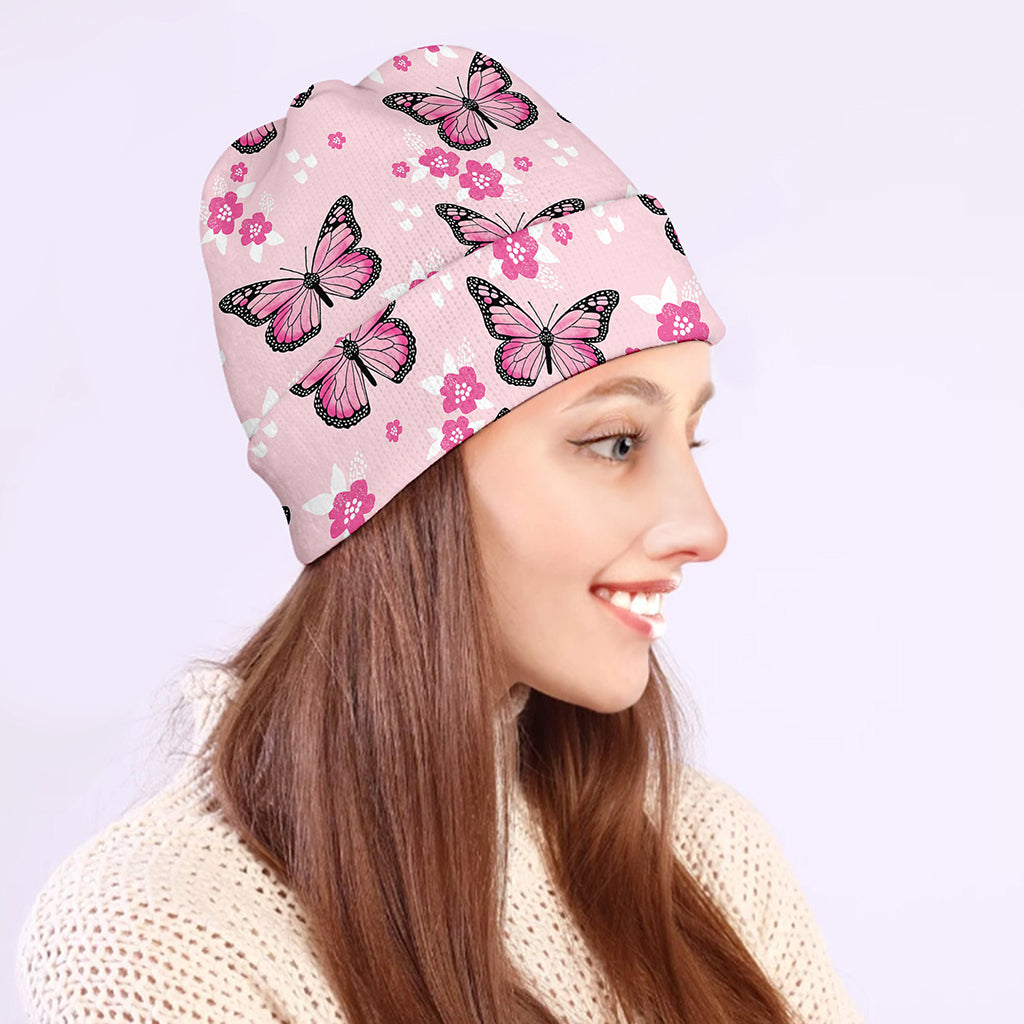 Pink Monarch Butterfly Pattern Print Beanie