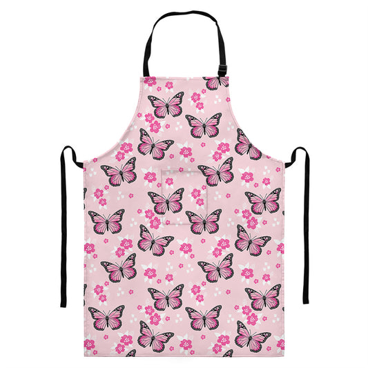 Pink Monarch Butterfly Pattern Print Bib Apron With Pocket