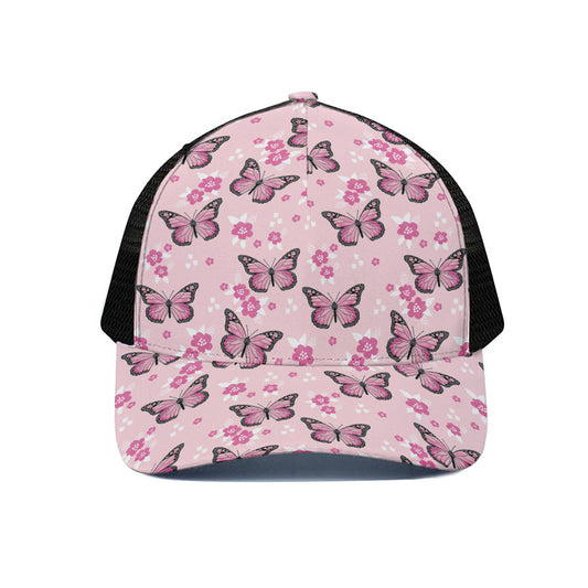 Pink Monarch Butterfly Pattern Print Black Mesh Trucker Cap
