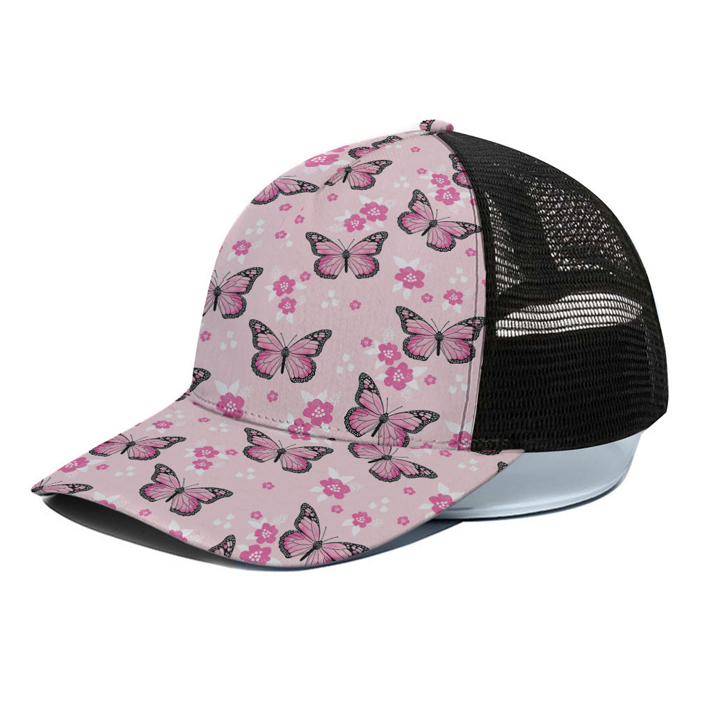 Pink Monarch Butterfly Pattern Print Black Mesh Trucker Cap